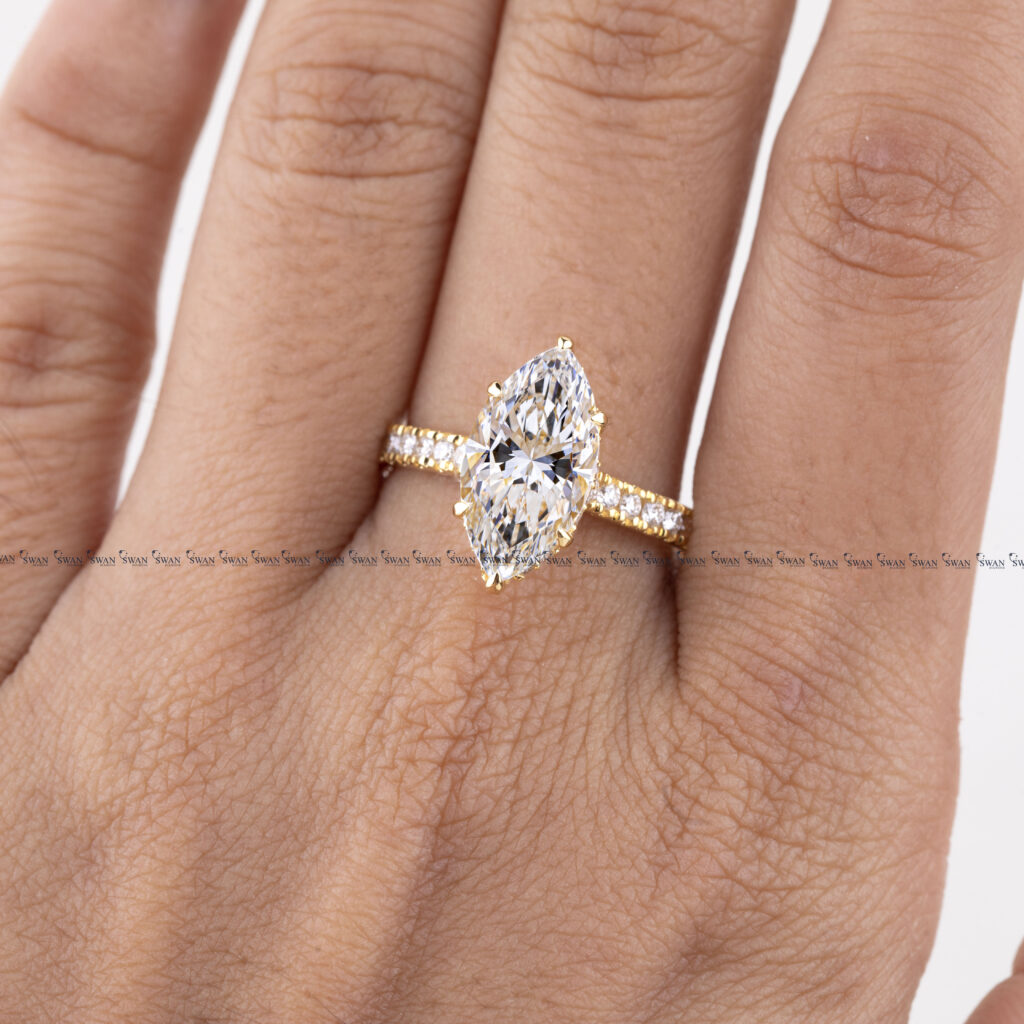Marquise Cut Lab Grown Diamond Engagement Ring With Pave Band And Hidden Halo