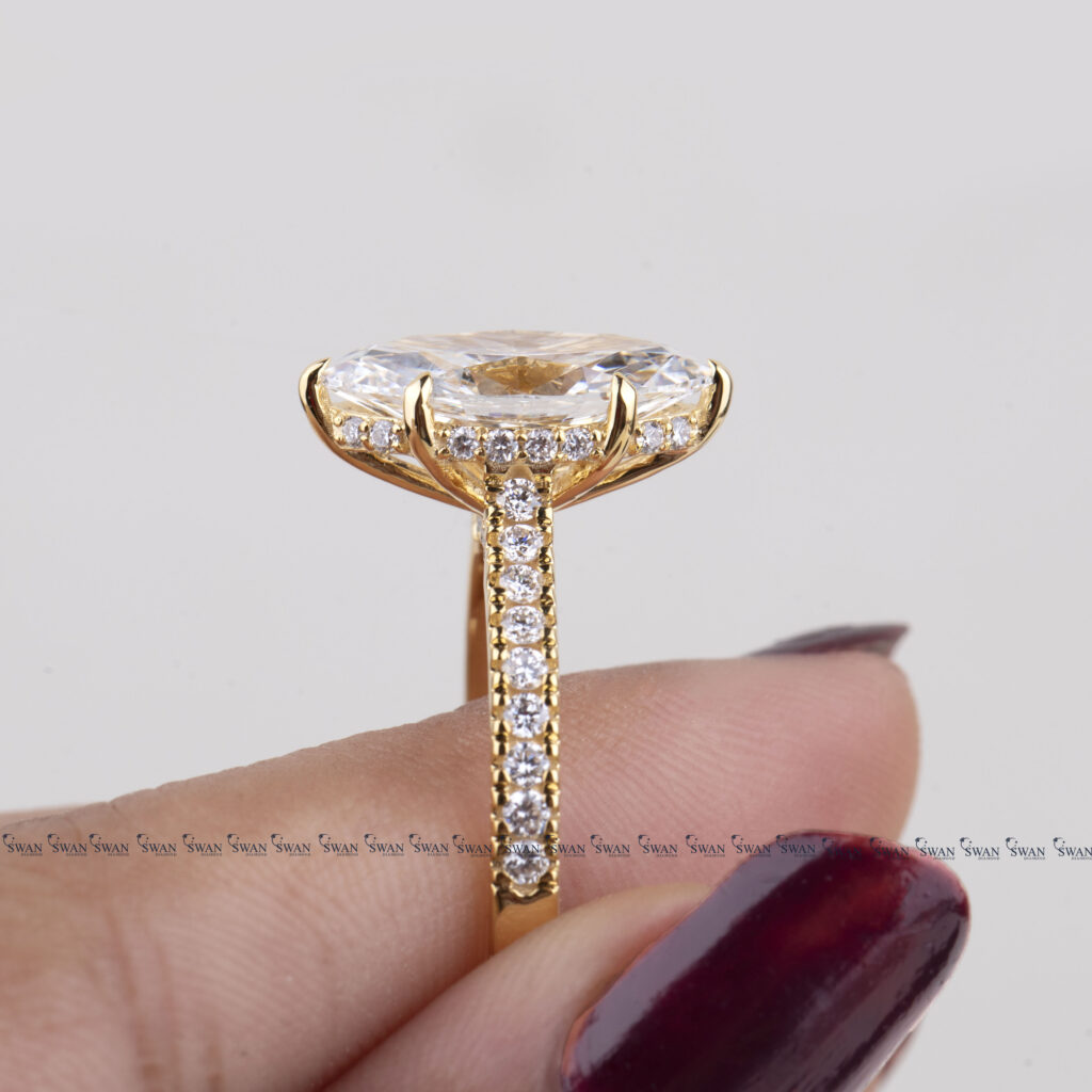 Marquise Cut Lab Grown Diamond Engagement Ring With Pave Band And Hidden Halo