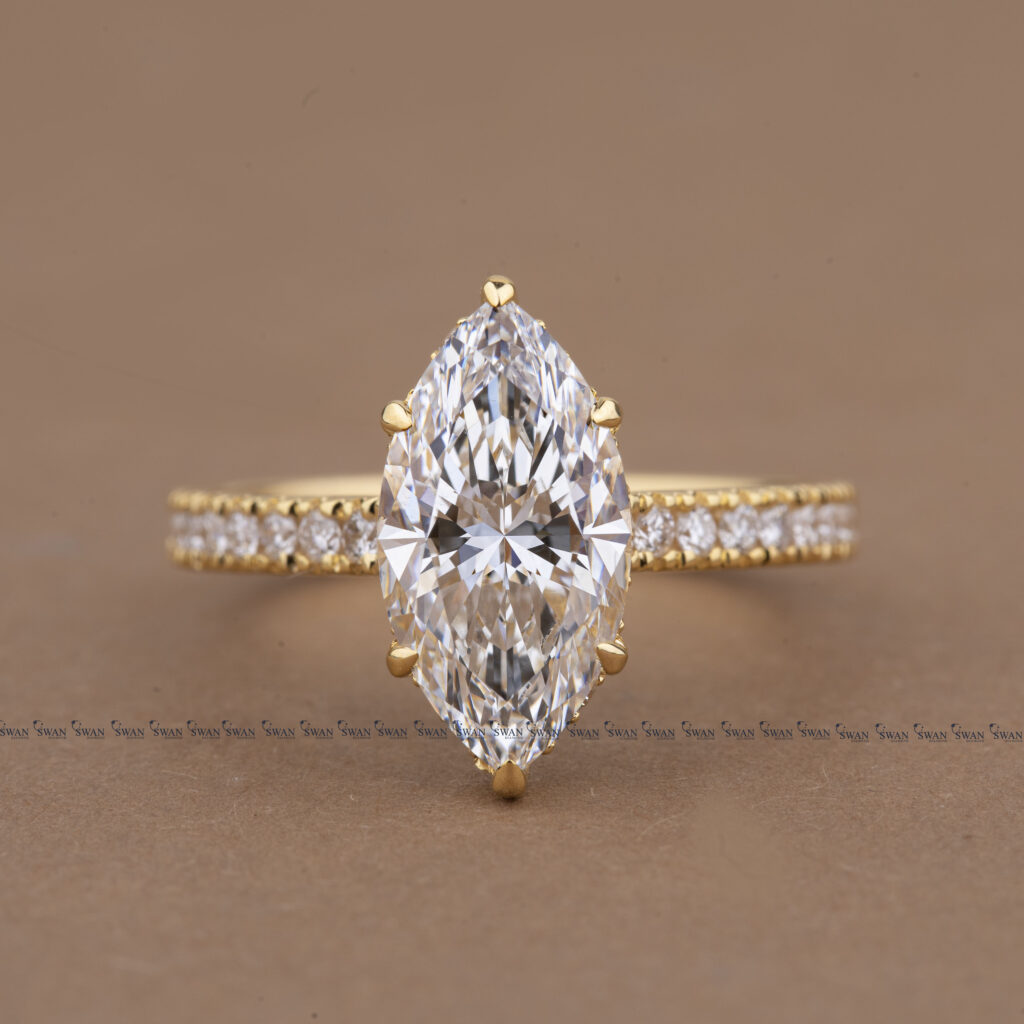 Marquise Cut Lab Grown Diamond Engagement Ring With Pave Band And Hidden Halo