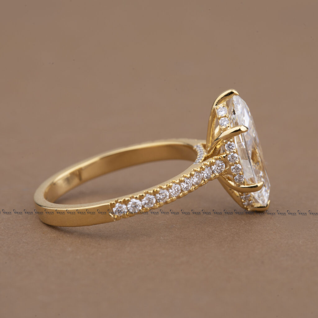 Marquise Cut Lab Grown Diamond Engagement Ring With Pave Band And Hidden Halo