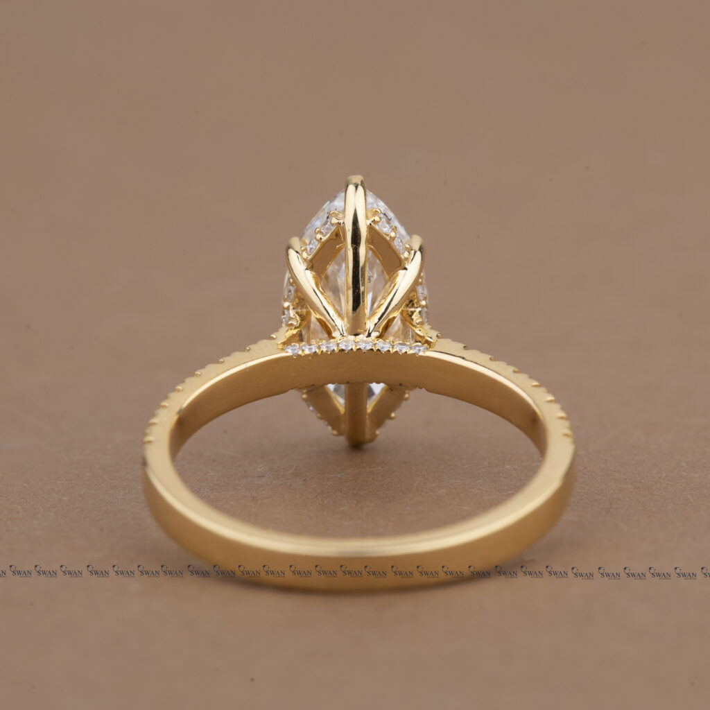 Marquise Cut Lab Grown Diamond Engagement Ring With Pave Band And Hidden Halo