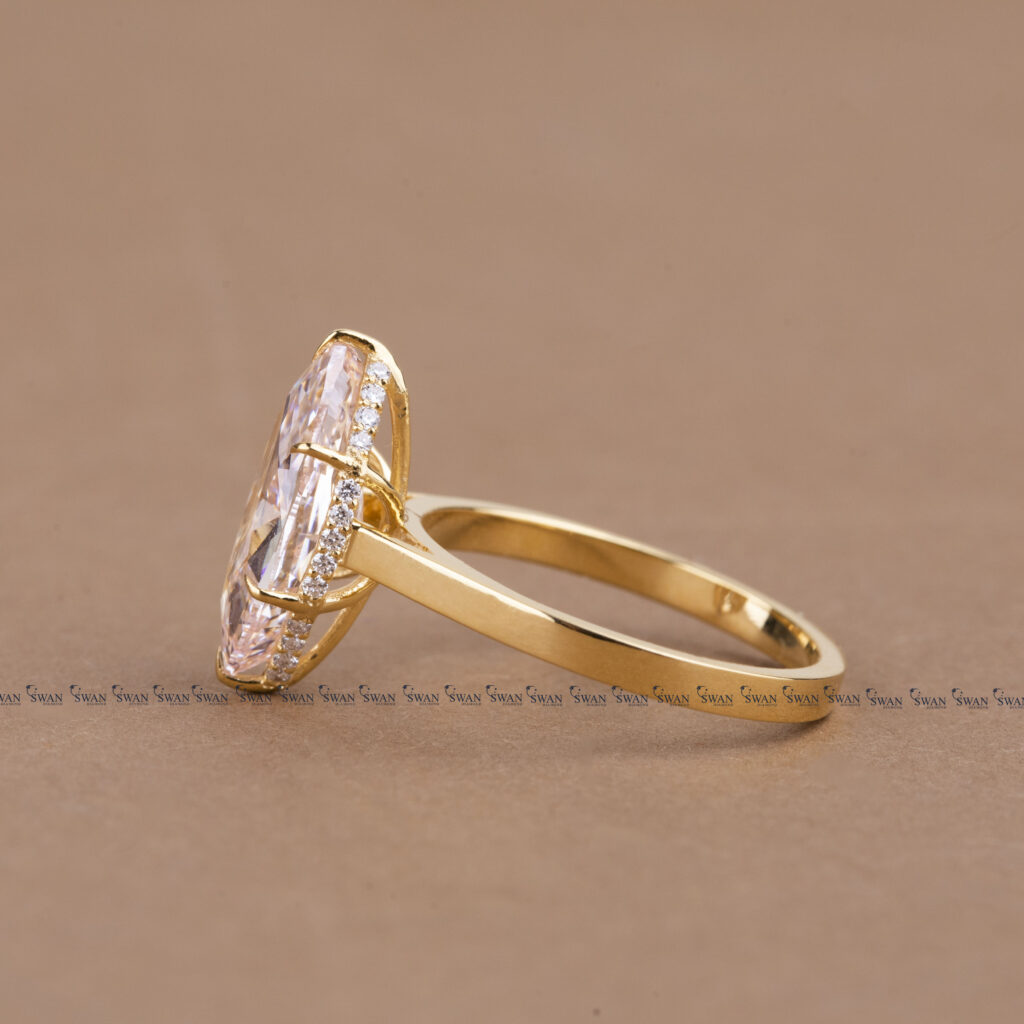 Vivid Pink Marquise Lab Grown Diamond Solitaire Engagemnt Ring Hidden Halo Setting