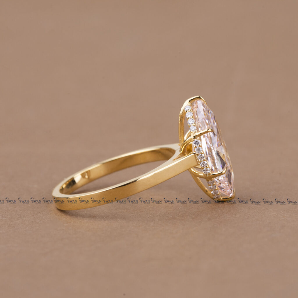 Vivid Pink Marquise Lab Grown Diamond Solitaire Engagemnt Ring Hidden Halo Setting