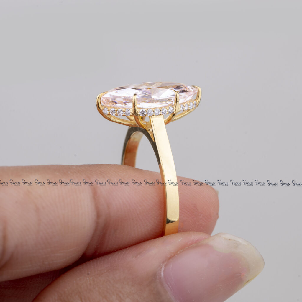 Vivid Pink Marquise Lab Grown Diamond Solitaire Engagemnt Ring Hidden Halo Setting