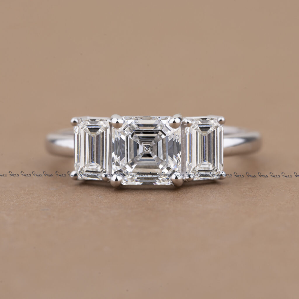 Asscher Cut Three Stone Lab Grown Diamond Engagement Ring With Side Emerlad Cut Diamond