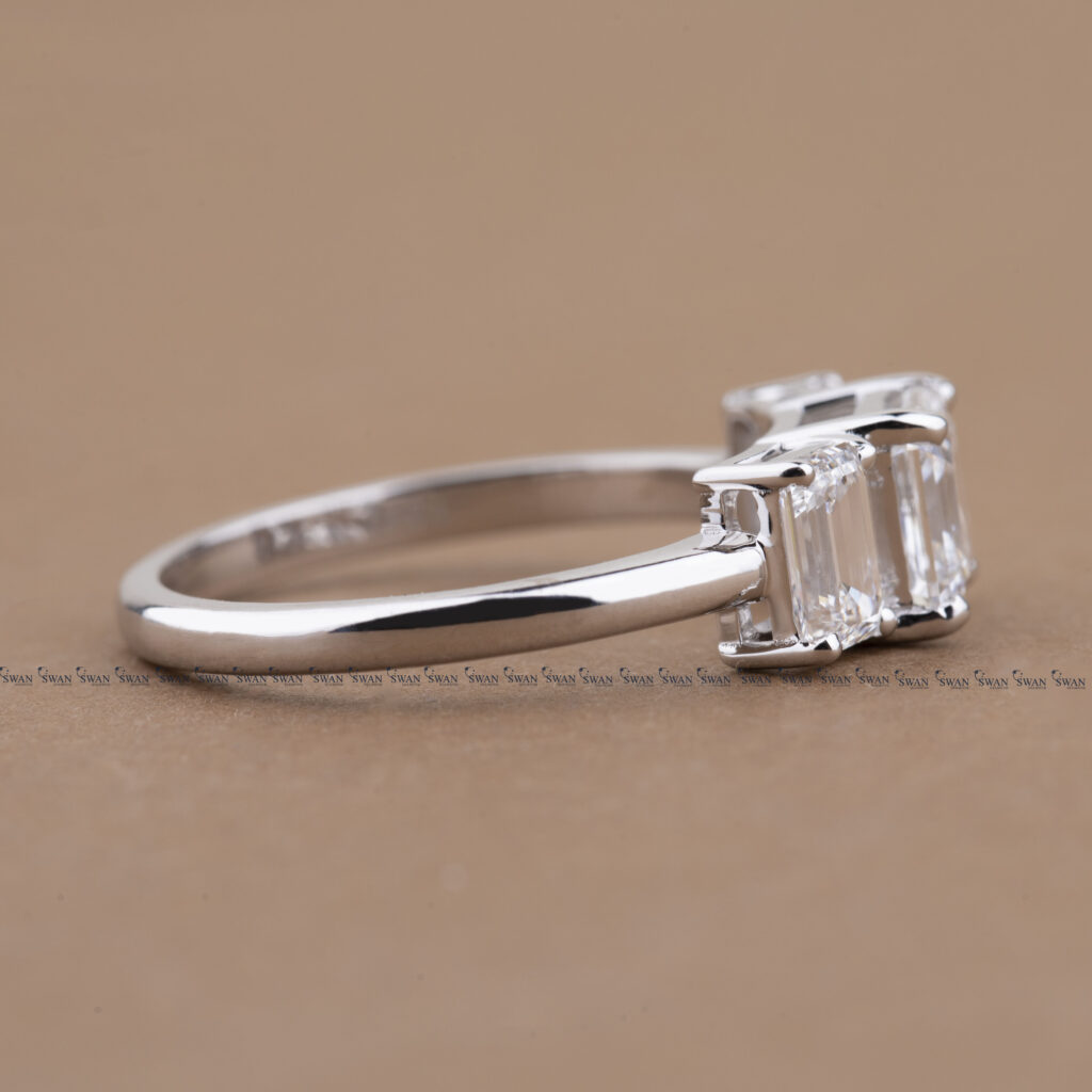 Asscher Cut Three Stone Lab Grown Diamond Engagement Ring With Side Emerlad Cut Diamond