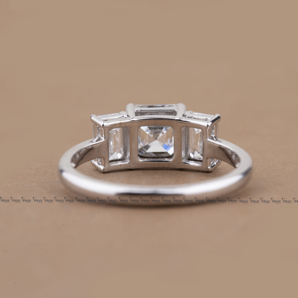 Asscher Cut Three Stone Lab Grown Diamond Engagement Ring With Side Emerlad Cut Diamond