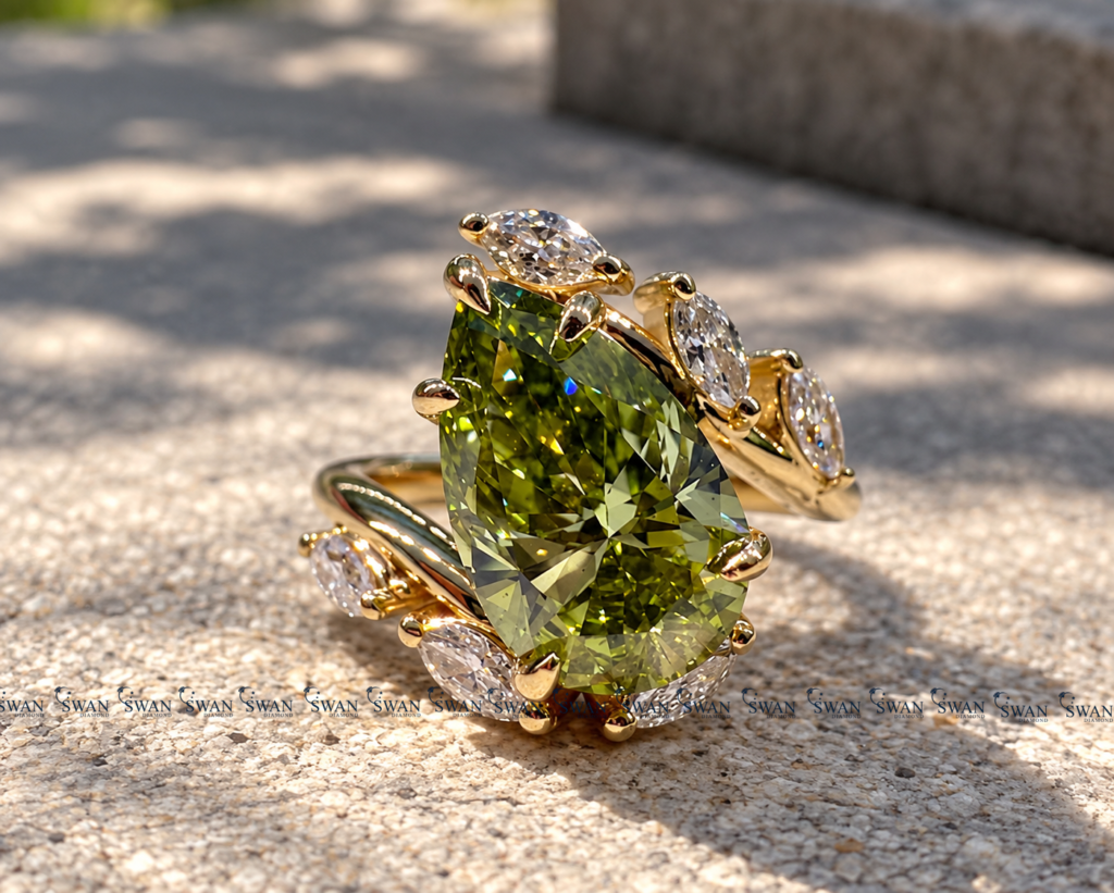 IGI Certified Nature Inspired Green Pear ByPASS Shank Ring With Modern Bypass Shank