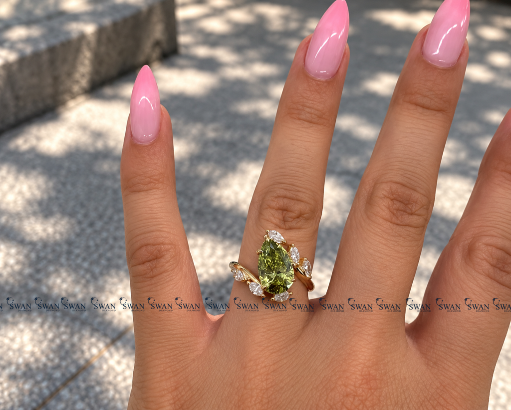 IGI Certified Nature Inspired Green Pear ByPASS Shank Ring With Modern Bypass Shank