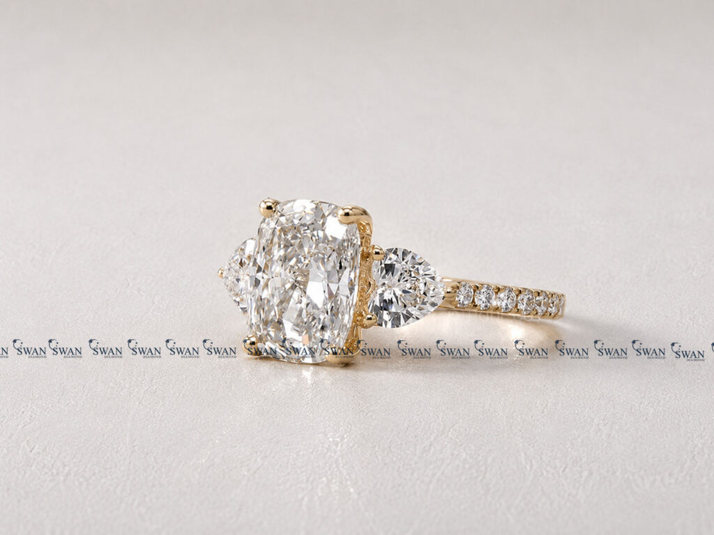 Elongated Cushion Cut Lab Grown Diamond Three Stone Engagment Ring With Side Heart Cut Diamond