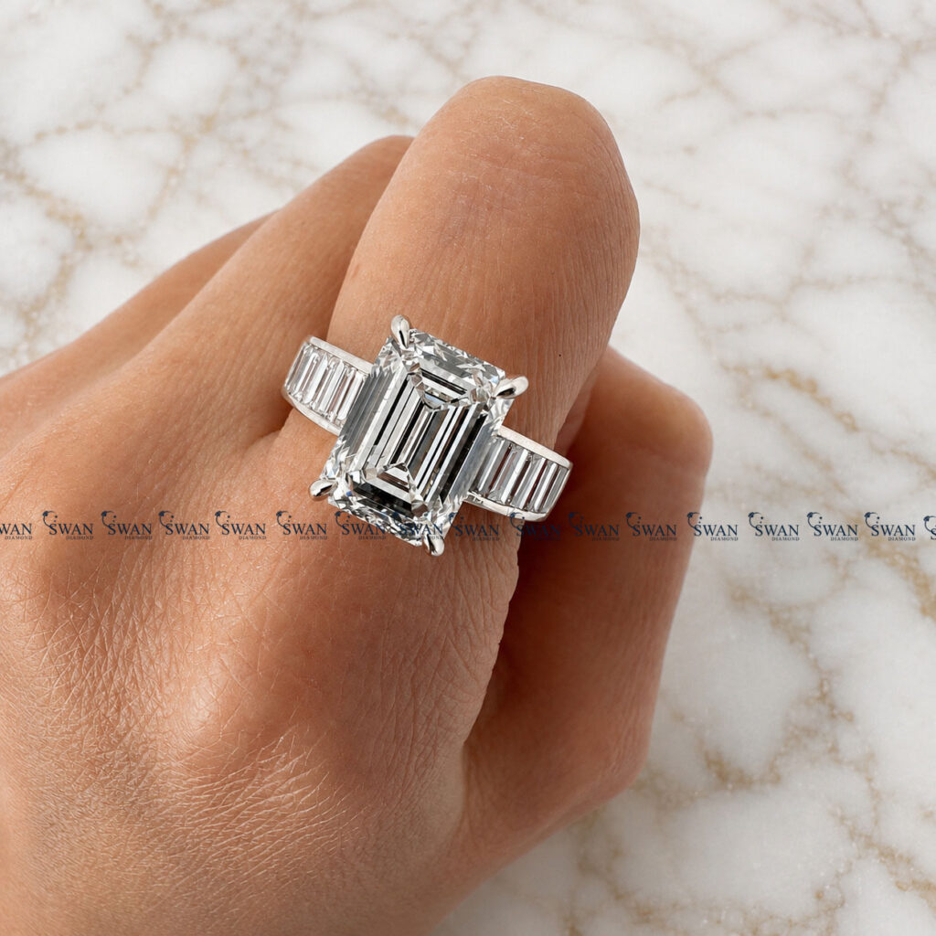 Emerald Cut IGI Certified Lab Grown Diamond Ring With Side Channel Fit Baguette Diamond