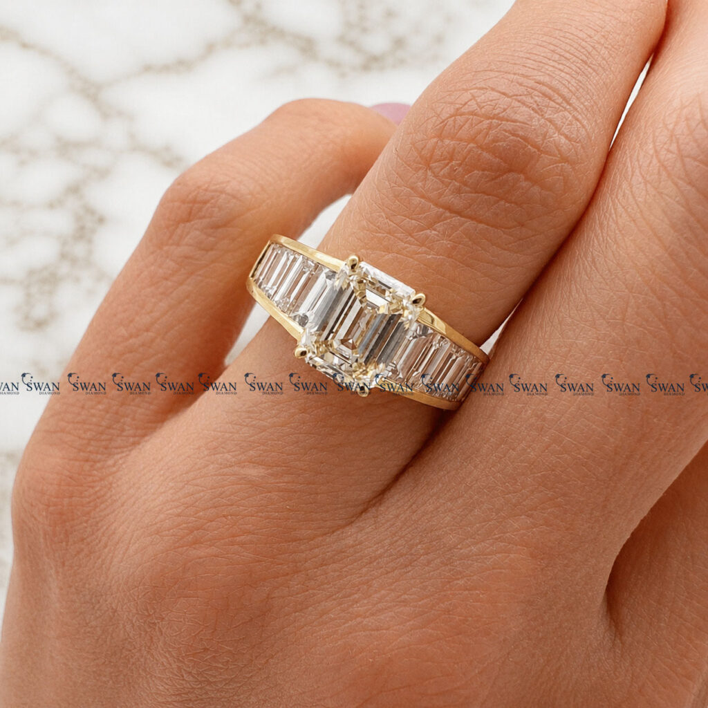 Emerald Cut IGI Certified Lab Grown Diamond Ring With Side Channel Fit Baguette Diamond