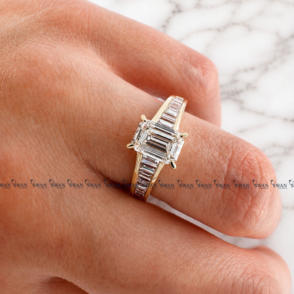 Emerald Cut IGI Certified Lab Grown Diamond Ring With Side Channel Fit Baguette Diamond