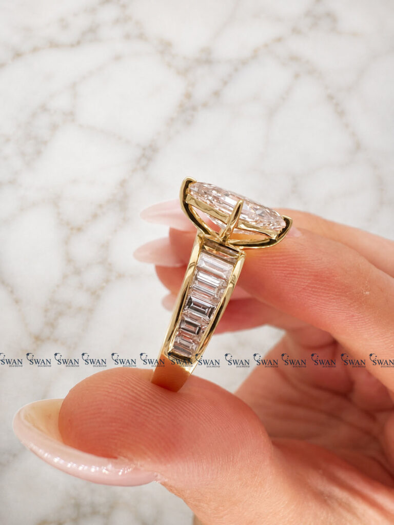 Lozenge Cut Lab Grown Diamond Engagement Ring With Side Baguette Channel Fit Band