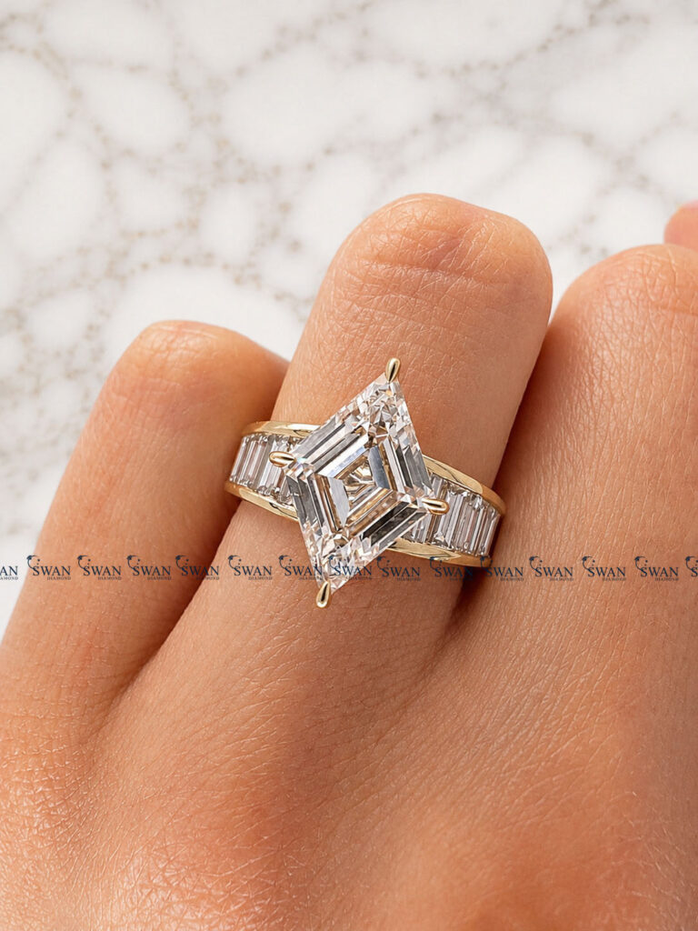 Lozenge Cut Lab Grown Diamond Engagement Ring With Side Baguette Channel Fit Band