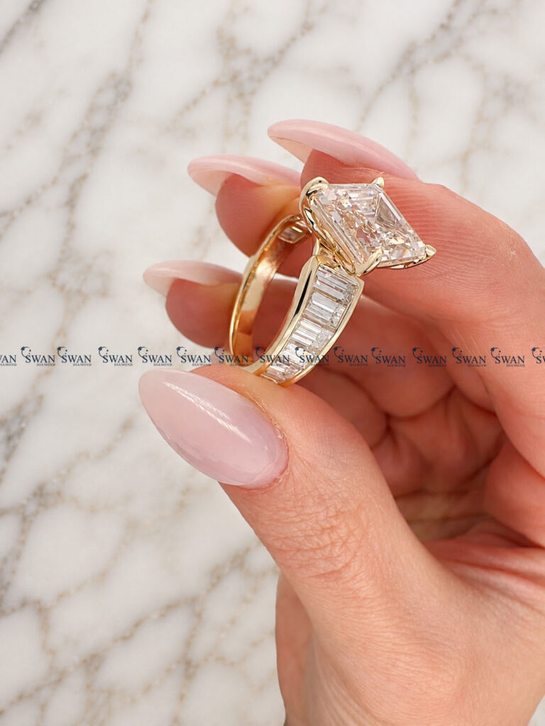 Lozenge Cut Lab Grown Diamond Engagement Ring With Side Baguette Channel Fit Band