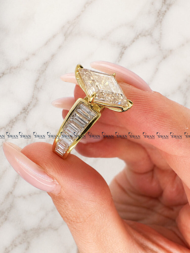 Lozenge Cut Lab Grown Diamond Engagement Ring With Side Baguette Channel Fit Band