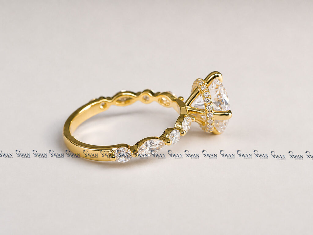 Round Cut IGI Certified Lab Grown Diamond Engagement Ring With Side Marquise Stones