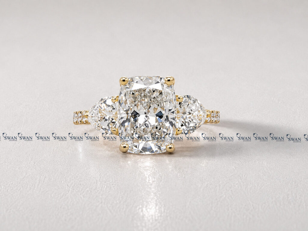 Elongated Cushion Cut Lab Grown Diamond Three Stone Engagment Ring With Side Heart Cut Diamond