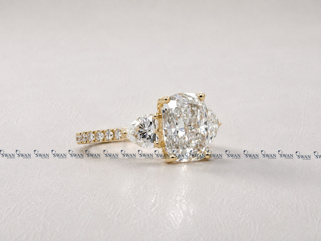 Elongated Cushion Cut Lab Grown Diamond Three Stone Engagment Ring With Side Heart Cut Diamond