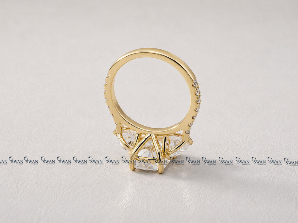 Elongated Cushion Cut Lab Grown Diamond Three Stone Engagment Ring With Side Heart Cut Diamond