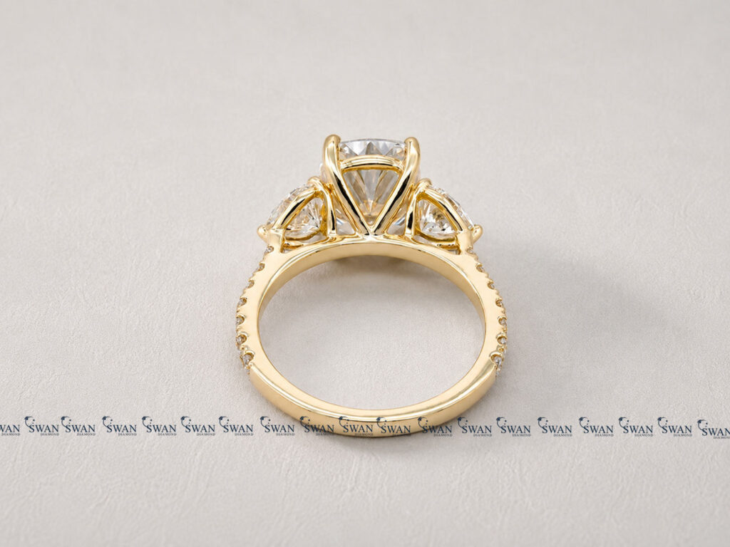 Elongated Cushion Cut Lab Grown Diamond Three Stone Engagment Ring With Side Heart Cut Diamond
