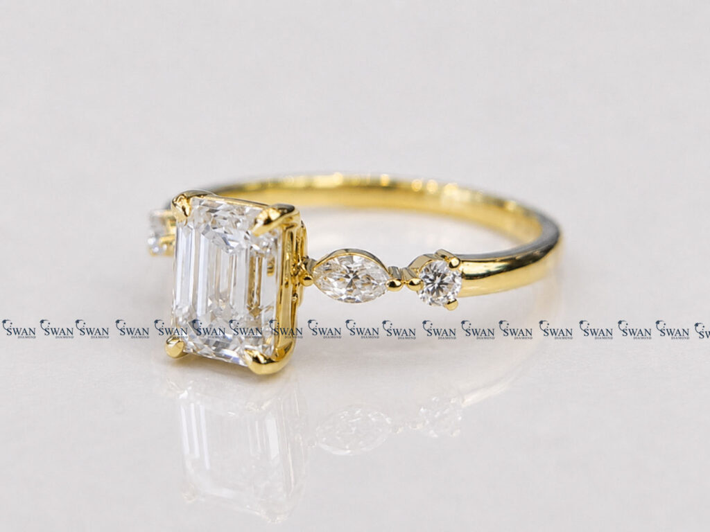 Emerald Cut IGI Certified Lab Grown Diamond Engagement Ring Side Marquise Diamond