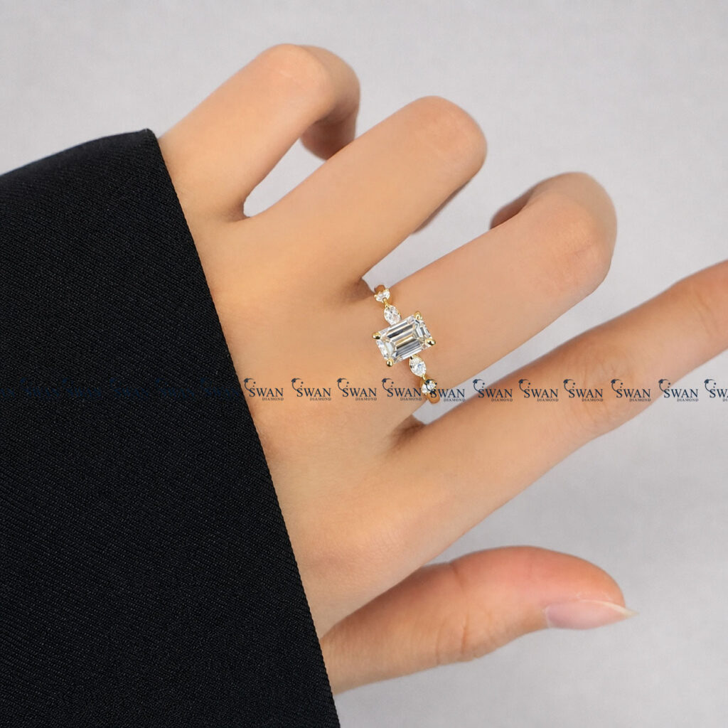 Emerald Cut IGI Certified Lab Grown Diamond Engagement Ring Side Marquise Diamond