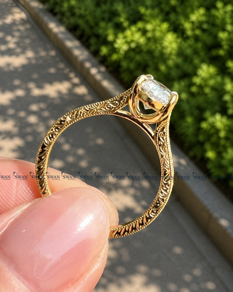 IGI Certified Moval Cut Lab Grown Diamond Vintage Solitaire Engagement Ring