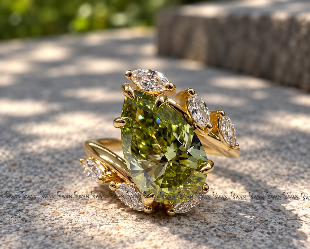 IGI Certified Nature Inspired Green Pear ByPASS Shank Ring With Modern Bypass Shank