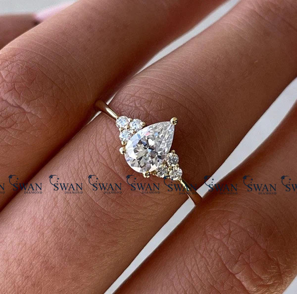 IGI Certified Pear Cut Lab Grown Diamond Engagement Ring Side Cluster Setting