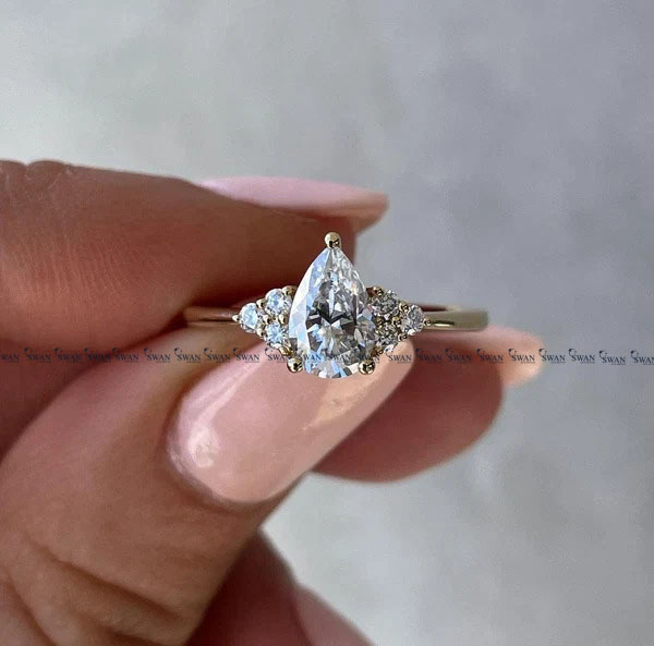IGI Certified Pear Cut Lab Grown Diamond Engagement Ring Side Cluster Setting