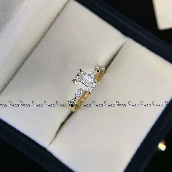 Emerald Cut IGI Certified Lab Grown Diamond Engagement Ring Side Marquise Diamond